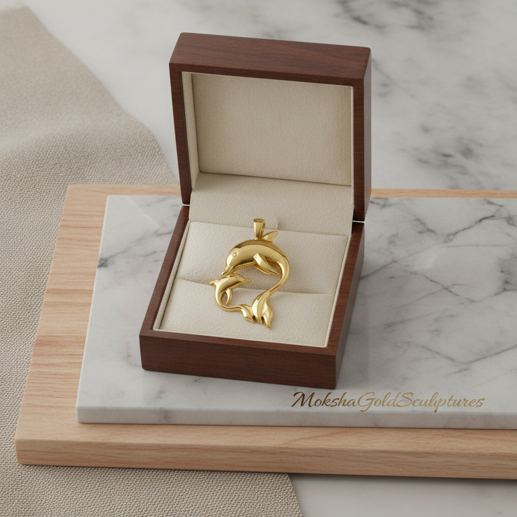 The Dolphin Mother & Baby Pendant Necklace in 18K white gold high polish by MokshaGoldSculptures in wood box.