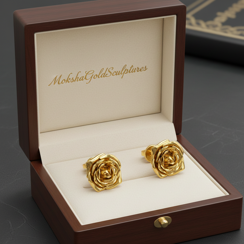 Polished Brass Rose Stud Earrings by MokshaGoldSculptures in an open brown jewelry box with branded cream lid.