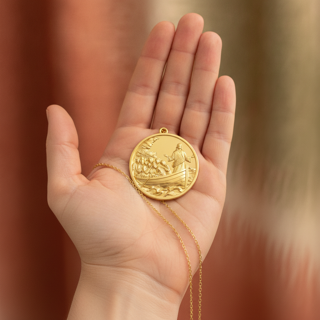 Jesus Calms the Storm Coin Pendant Necklace | 30mm Christian Medallion | 18K Gold, Sterling Silver or Yellow Brass | Religious Gift