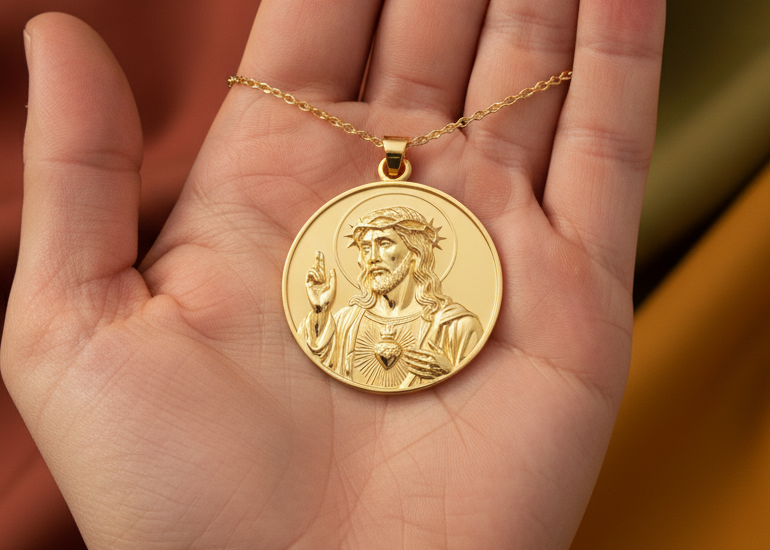 Jesus Sacred Heart Coin Pendant Necklace | 18K Gold Plated, Sterling Silver or Polished Brass | Christian Medallion | Catholic Religious Jewellery | 30mm