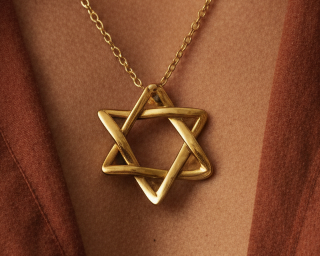 Interlaced Star of David Pendant Necklace in 18K gold by MokshaGoldSculptures, worn on a chain, minimalist hexagram charm.