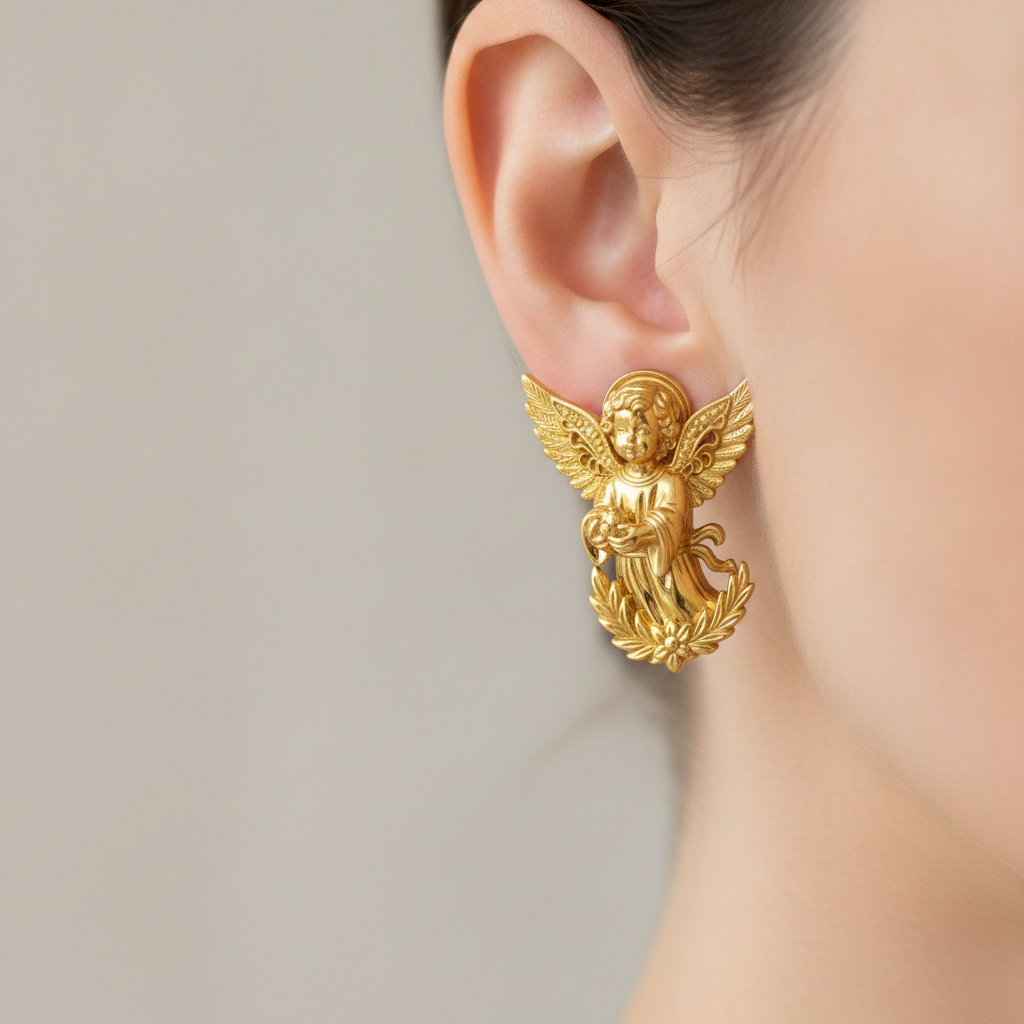 Angel Cherub Stud Earrings | 9K Gold, Sterling Silver or Brass | Handmade Angel Jewelry | Cherub Earrings | Artisan Religious Jewelry | Gift for Her