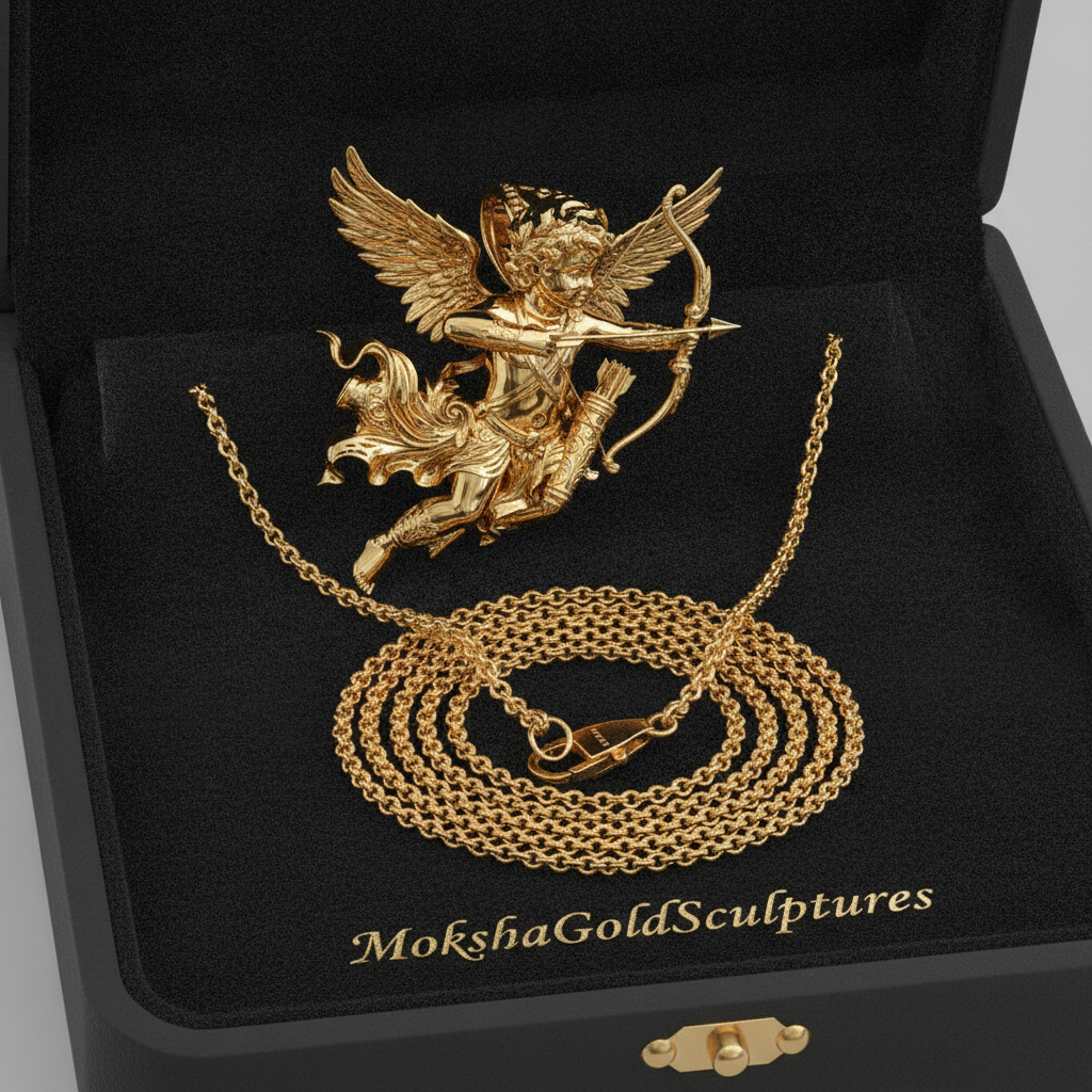 Winged Cupid Archer Pendant Necklace | Cherub Angel with Bow & Arrow | Handmade in 9K Gold, Sterling Silver & Yellow Brass
