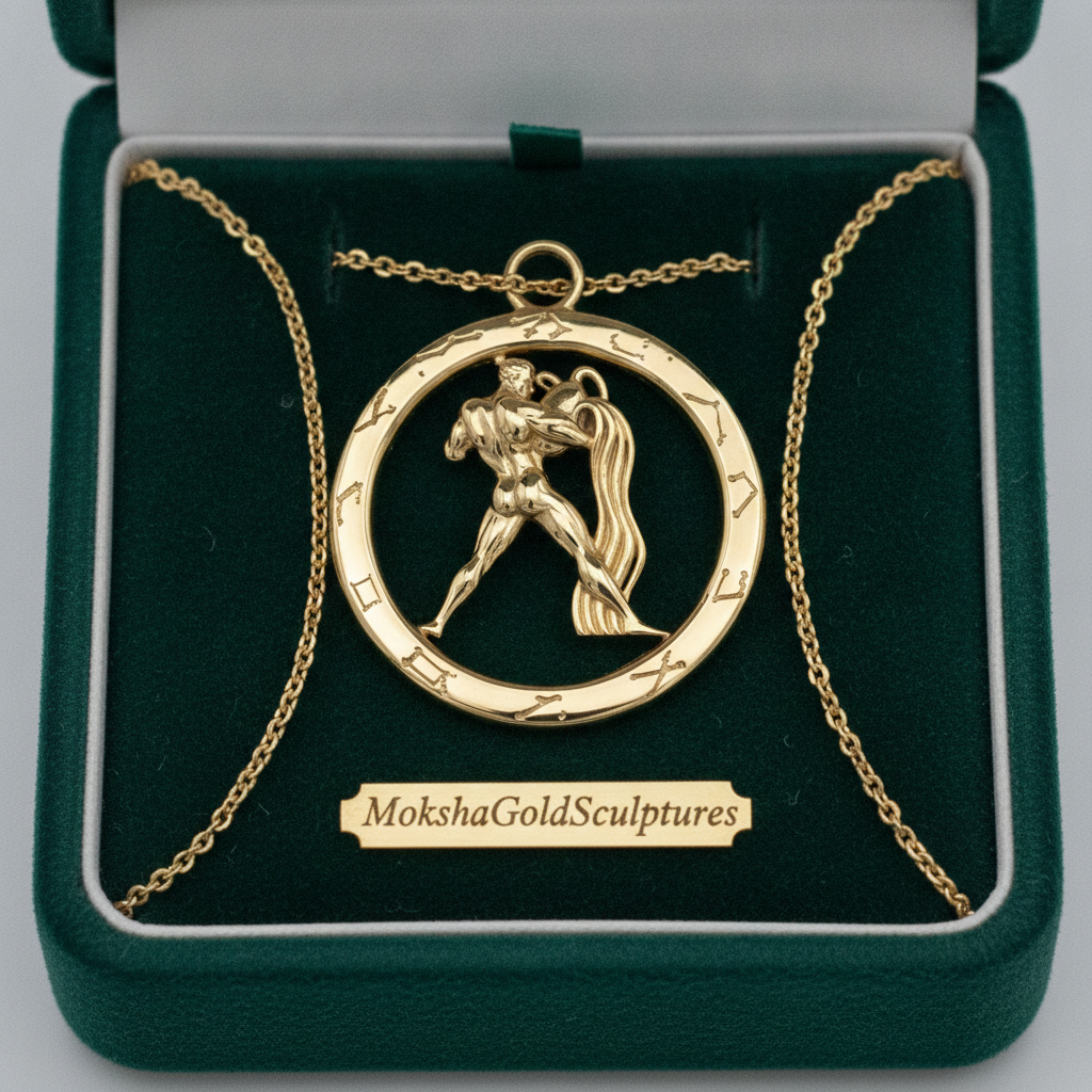 Aquarius Zodiac Pendant Necklace in 9K gold, silver, or brass by MokshaGoldSculptures.