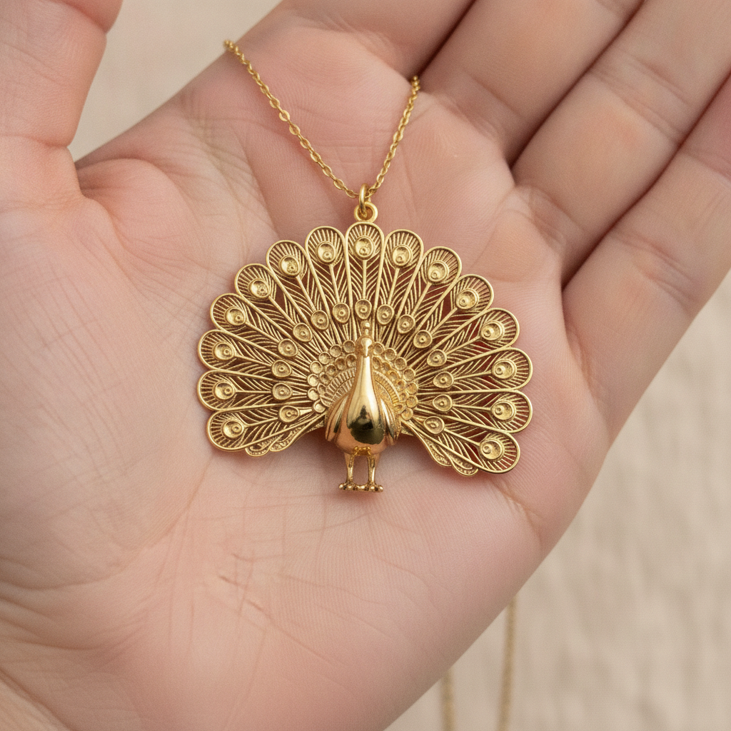 Peacock Fan Tail Pendant Necklace 25mm | 9K Gold, Sterling Silver 925 & Polished Yellow Brass | Elegant Bird Pendant | Nature Inspired Gift | Made to Order