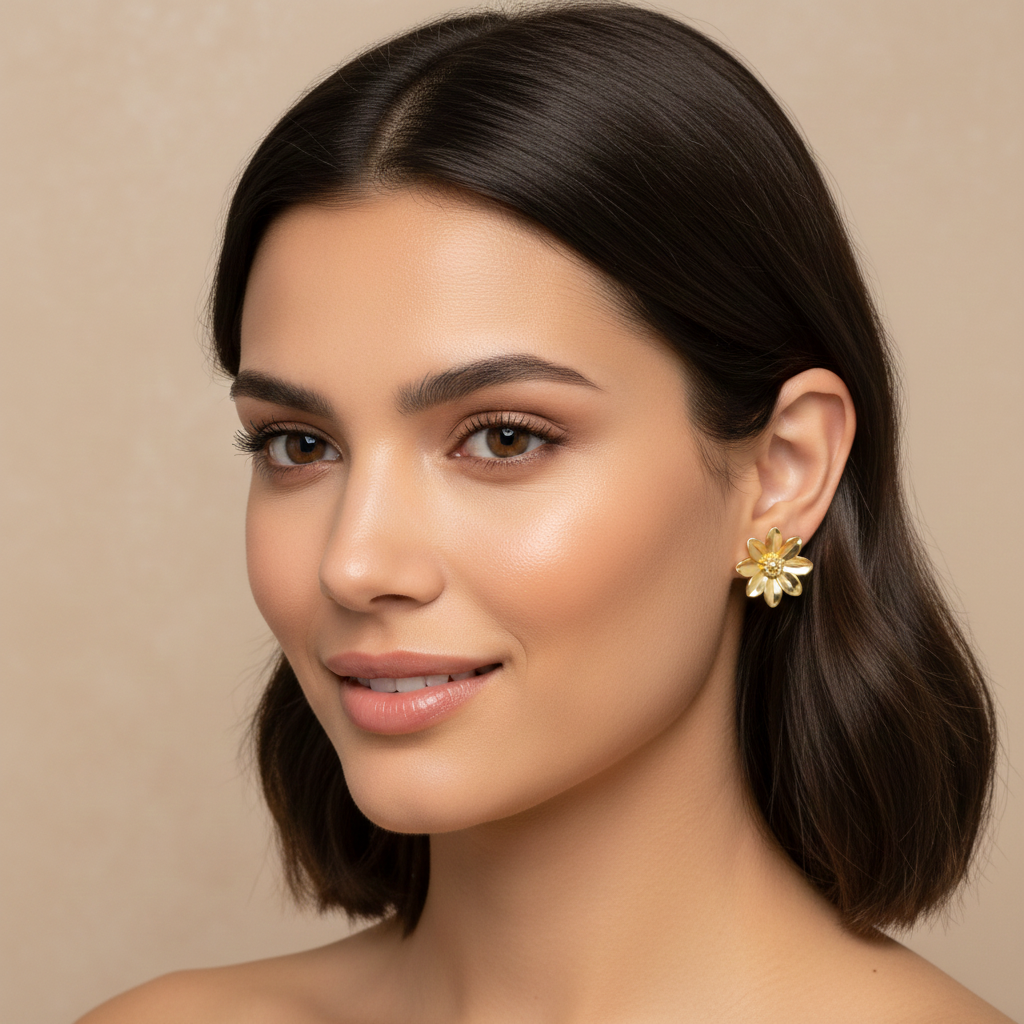 Polished Brass Flower Stud Earrings by MokshaGoldSculptures, worn by a woman, against a beige background.