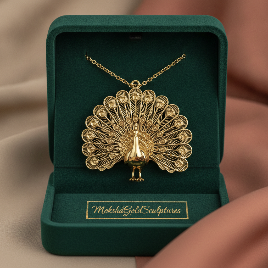 Peacock Pendant Necklace in 9K gold, sterling silver, or polished brass by MokshaGoldSculptures.