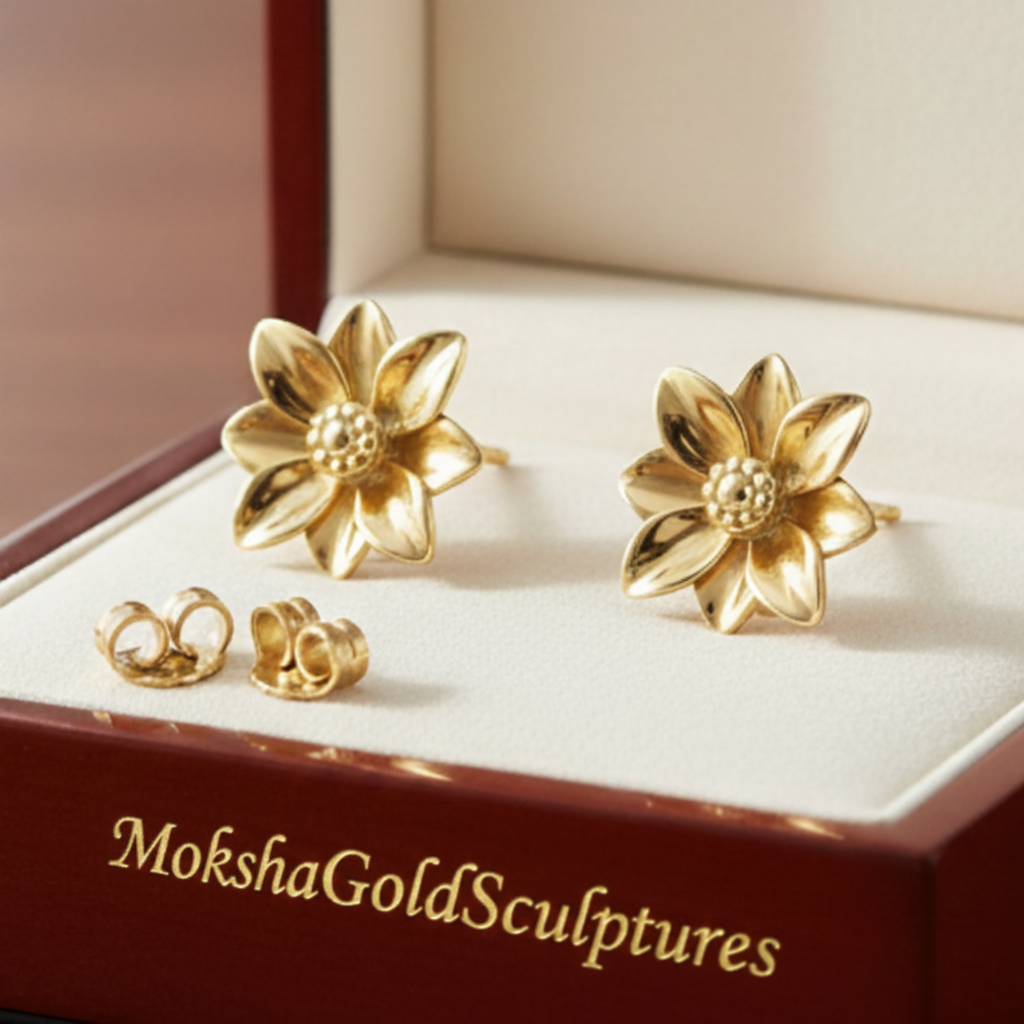 Flower Stud Earrings in polished brass by MokshaGoldSculptures with petal details, shown with backings in a jewelry box.