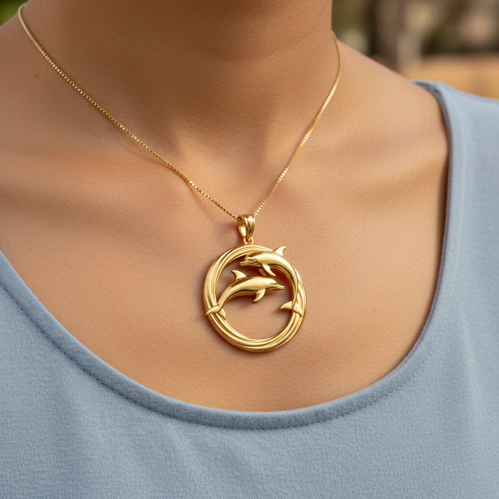 Dolphin Pendant Necklace in gold or sterling silver, circle design by MokshaGoldSculptures.