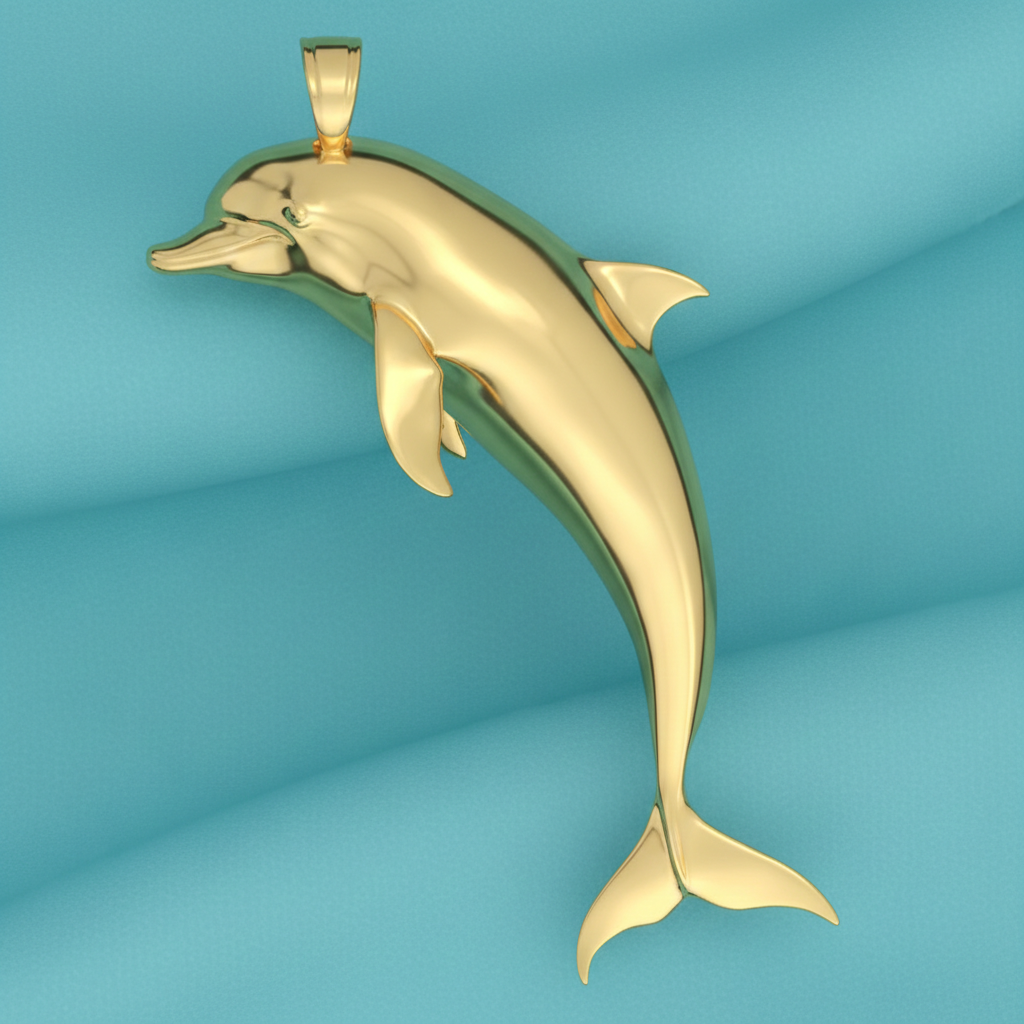 Solid Gold Dolphin Pendant 29mm – 10K 14K 18K Yellow White Rose Gold – Ocean Jewelry Charm – Marine Life Necklace
