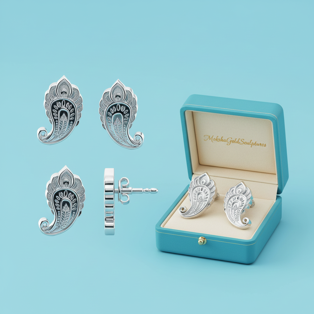Silver Paisley Pattern Stud Earrings, Polished Brass Stud Earrings, Ornamental Handmade Jewellery