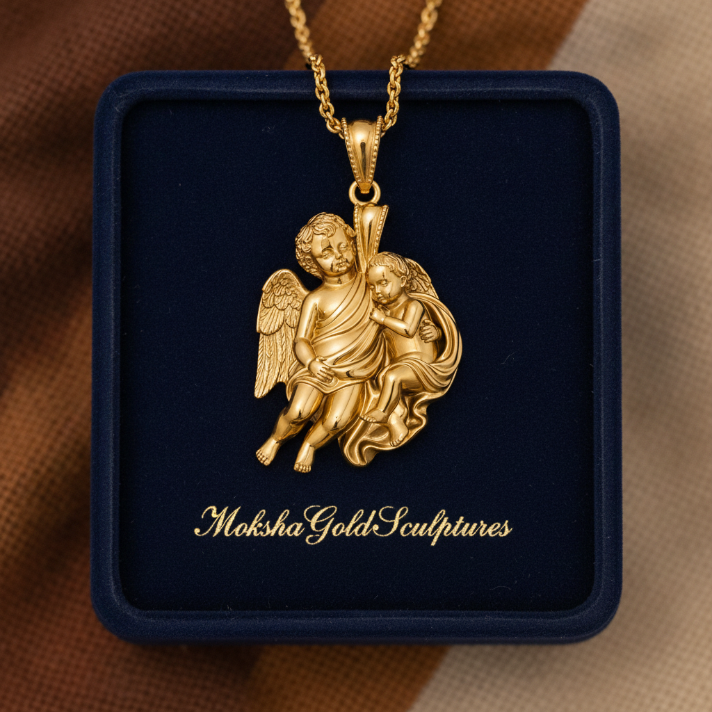 Golden Cherub Duo Pendant Necklace | Guardian Angel Pendant | 9K Gold, Sterling Silver & Yellow Brass | Religious Jewelry | Cherub Gift