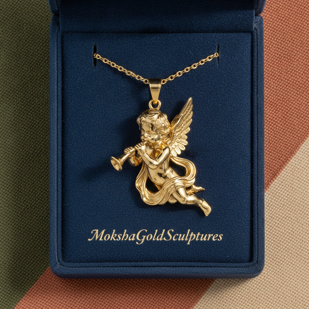 Golden Cherub Flute Pendant Necklace | Guardian Angel Jewelry | 9K Gold, Sterling Silver & Yellow Brass
