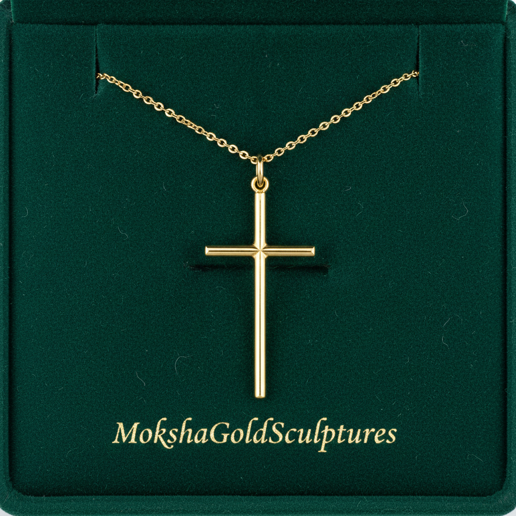 A Minimalist Cross Pendant Necklace in 9K gold by MokshaGoldSculptures on a dark green background with brand name.