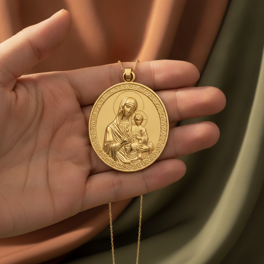 Virgin Mary & Child Coin Pendant Necklace | Blessed Mother Medallion | Christian Jewelry in 18K Gold, Sterling Silver or Yellow Brass
