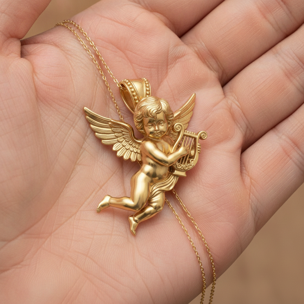 Golden Cherub Harp Pendant Necklace, Guardian Angel Jewelry, 9K Gold Angel Pendant, Sterling Silver Cherub Necklace, Religious Gift