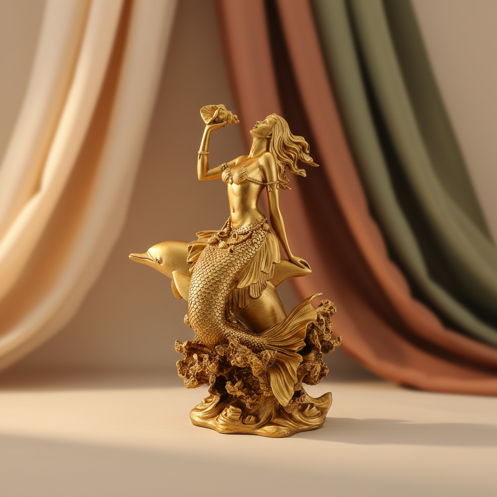 The Golden Mermaid with Dolphin and Konch Shell statue by MokshaGoldSculptures in gold PLA finish, on decorative base.