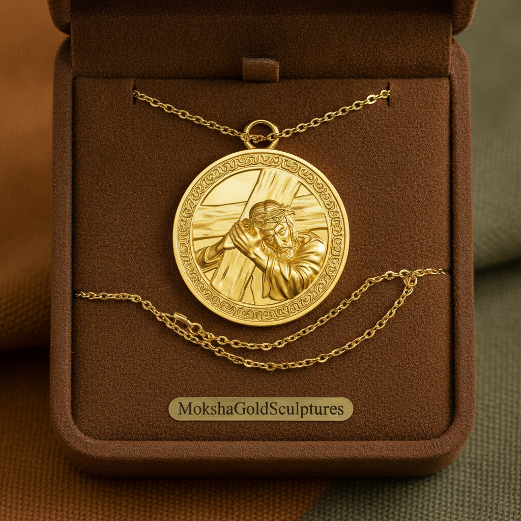 Jesus Carrying the Cross medallion pendant in 9K gold, silver & brass by MokshaGoldSculptures, shown in a brown box.
