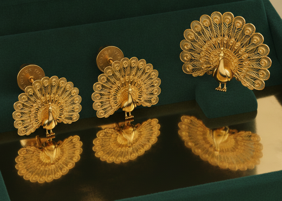Peacock Stud Earrings in 9K gold with fan tail design by MokshaGoldSculptures in signature velvet box.