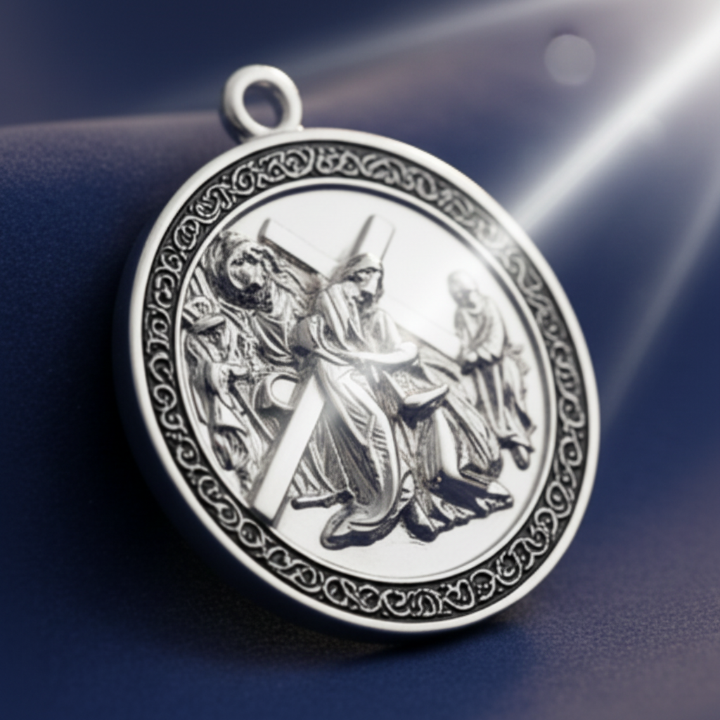 The Jesus Carrying the Cross – 925 sterling silver pendant by MokshaGoldSculptures with ornate engraved border.