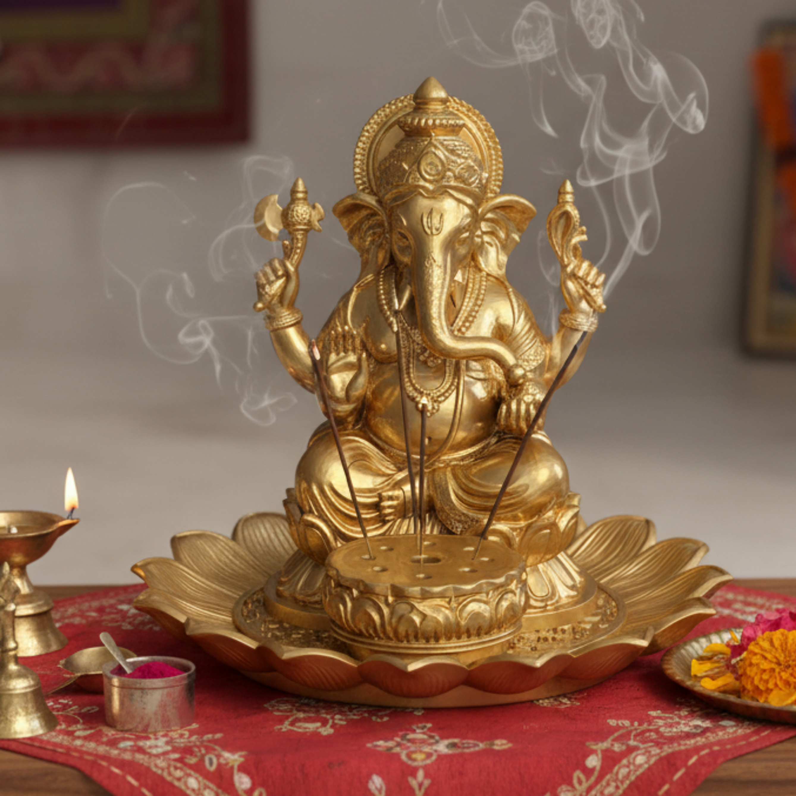 Golden Ganesh Incense Holder with Lotus Base – PLA 3D Printed Spiritual Decor – Meditation Ash Catcher – Hindu Home Temple Gift – Free Shipping