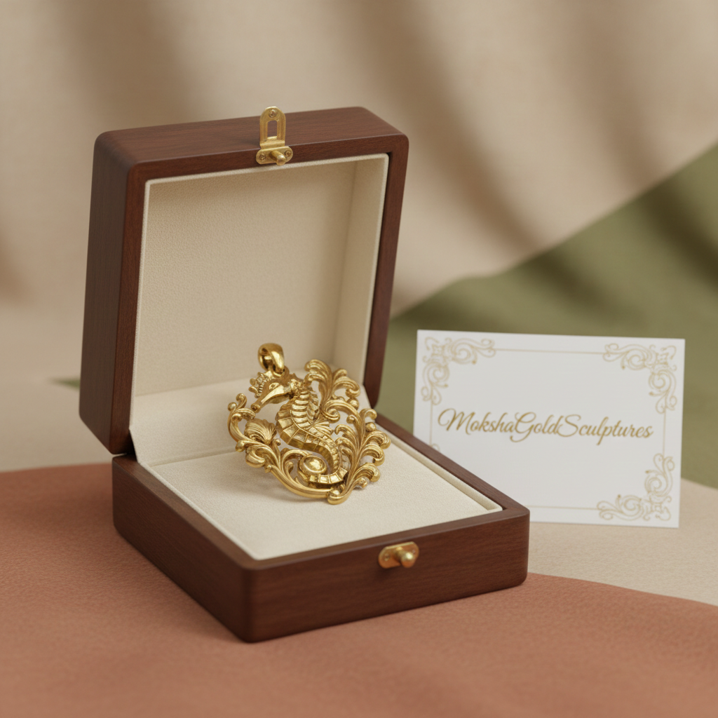 Seahorse Pendant Necklace in gold, silver, and brass by MokshaGoldSculptures in a wooden jewelry box with cream lining.