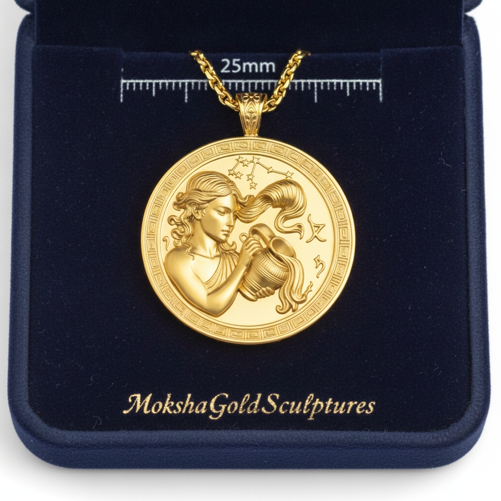 Aquarius Zodiac Medallion Necklace, 25mm Water Bearer Pendant, Greek Astrology Coin Necklace, 9K Gold, Sterling Silver or Yellow Brass, Zodiac Birthday Gift