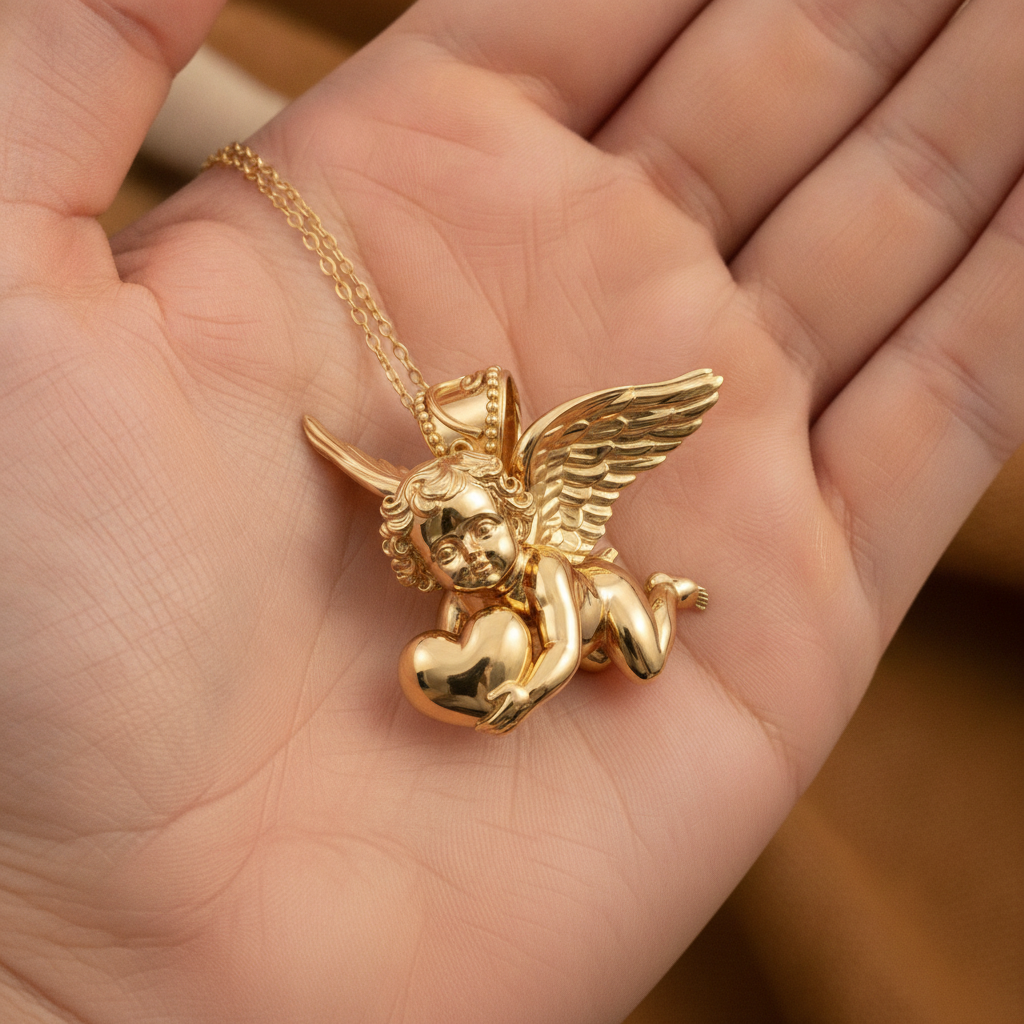 Golden Cherub with Heart Pendant Necklace | Angel of Love & Protection | 9K Gold, Sterling Silver or Polished Brass | Handmade Religious Jewelry Gift