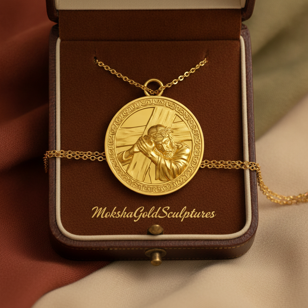 Jesus Carrying the Cross medallion pendant in 9K gold, silver, and yellow brass by MokshaGoldSculptures.