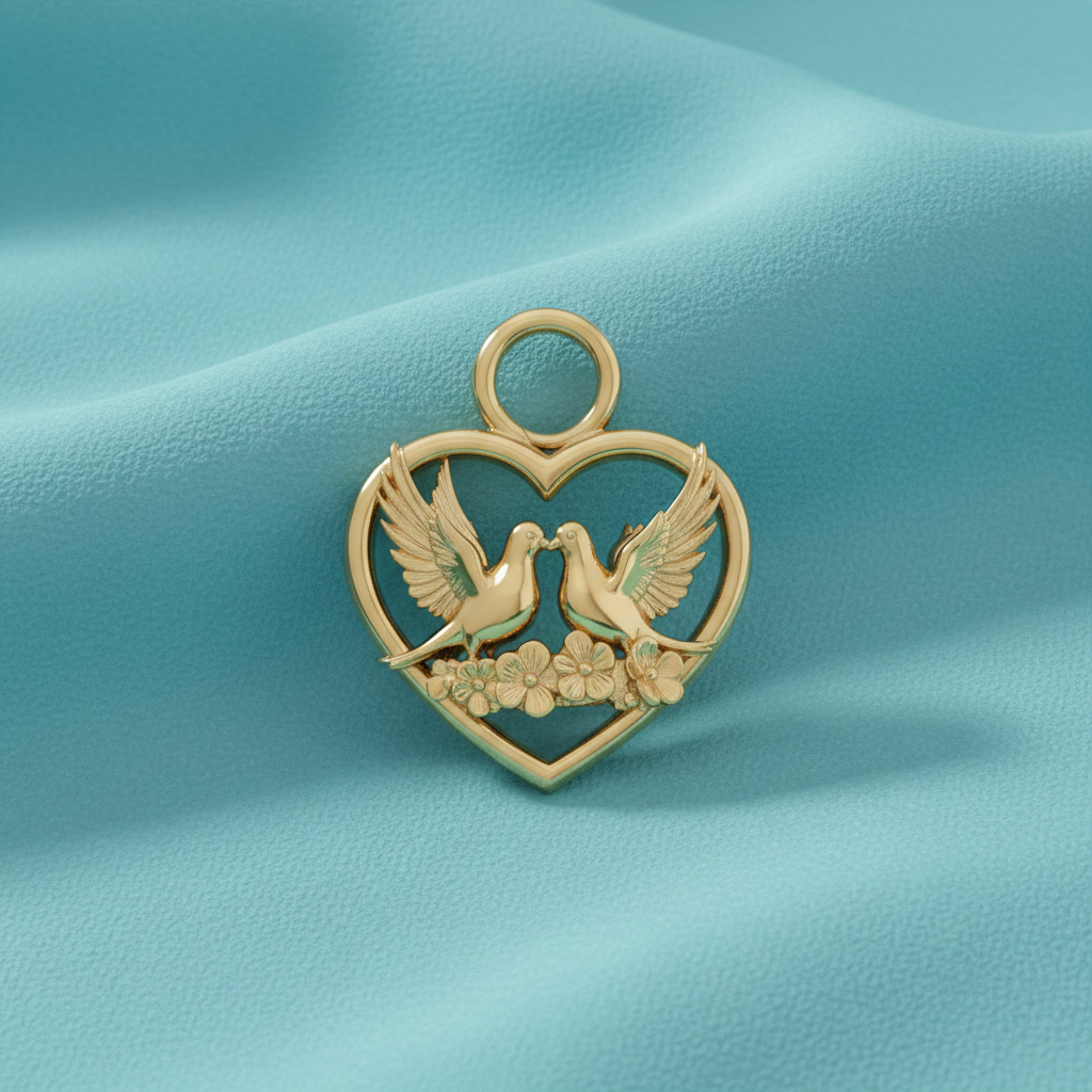 Solid Gold Heart and Dove Pendant - Romantic Love Bird Charm Necklace