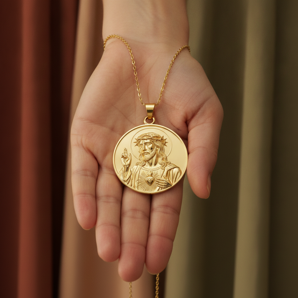Jesus Sacred Heart Coin Pendant Necklace | 18K Gold Plated, Sterling Silver or Polished Brass | Christian Medallion | Catholic Religious Jewellery | 30mm