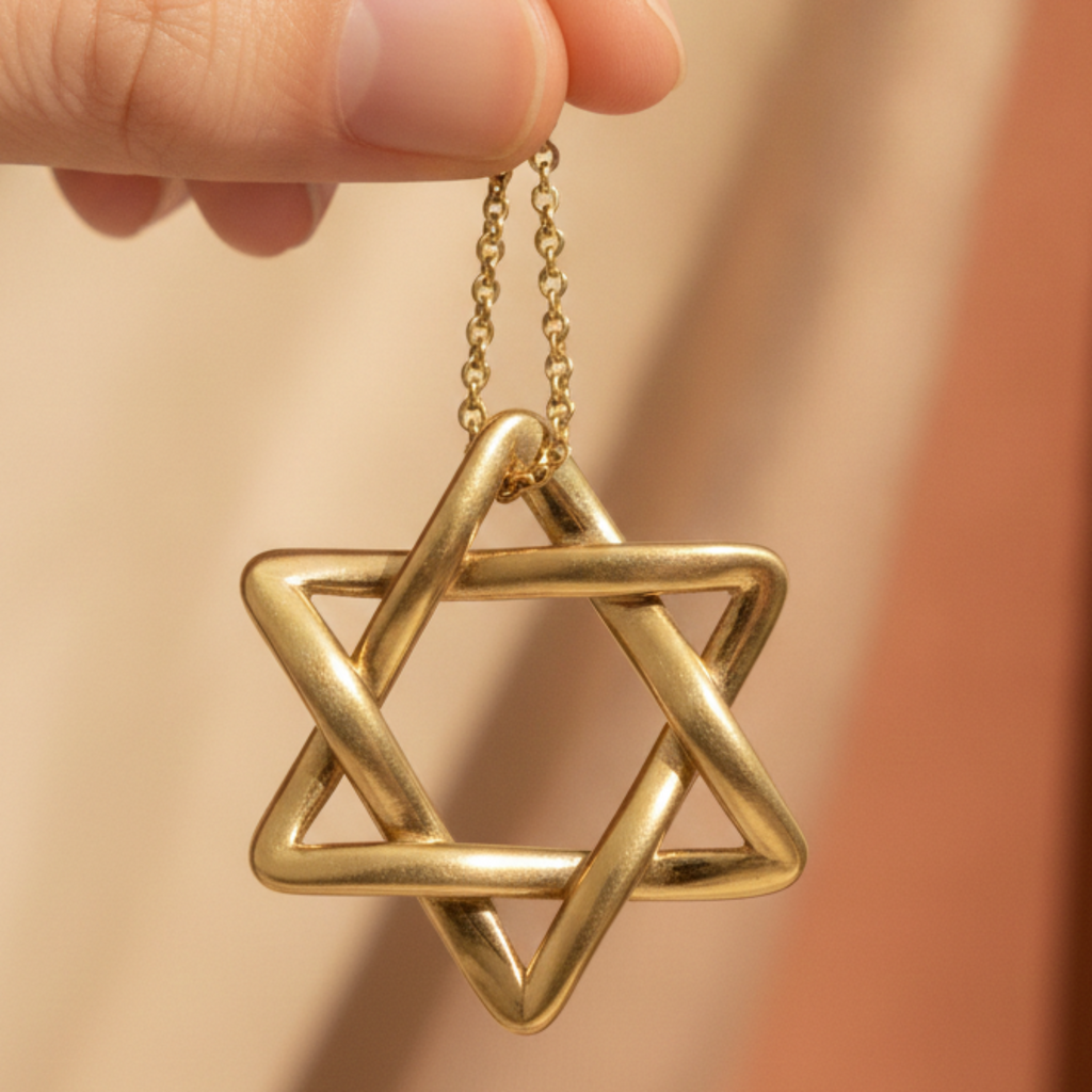 Interlaced Star of David Pendant Necklace in 18K gold by MokshaGoldSculptures, held by hand against a beige background.