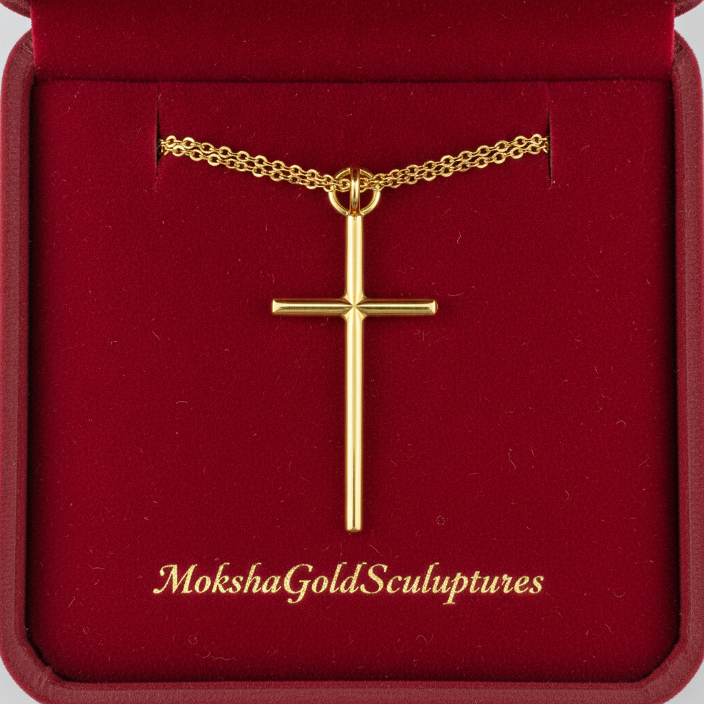 The Minimalist Cross Pendant Necklace in 9K gold by MokshaGoldSculptures, shown in a red velvet branded box.