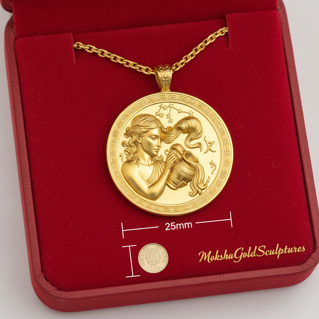 Aquarius Zodiac Medallion Necklace, 25mm Water Bearer Pendant, Greek Astrology Coin Necklace, 9K Gold, Sterling Silver or Yellow Brass, Zodiac Birthday Gift