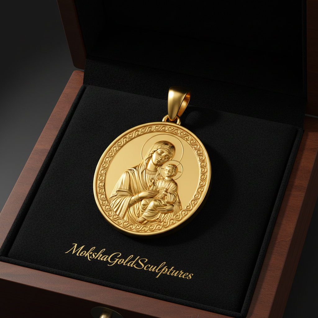 Mary with Baby Jesus Pendant Necklace – Ancient Religious Scene Jewelry – Catholic Christian Devotional Gift