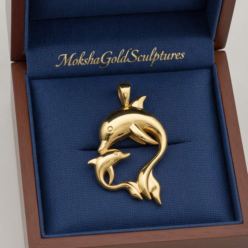 The Dolphin Mother & Baby Pendant Necklace in polished yellow brass by MokshaGoldSculptures.