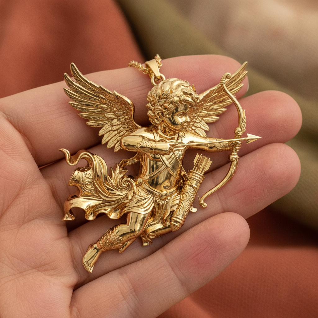 Winged Cupid Archer Pendant Necklace | Cherub Angel with Bow & Arrow | Handmade in 9K Gold, Sterling Silver & Yellow Brass