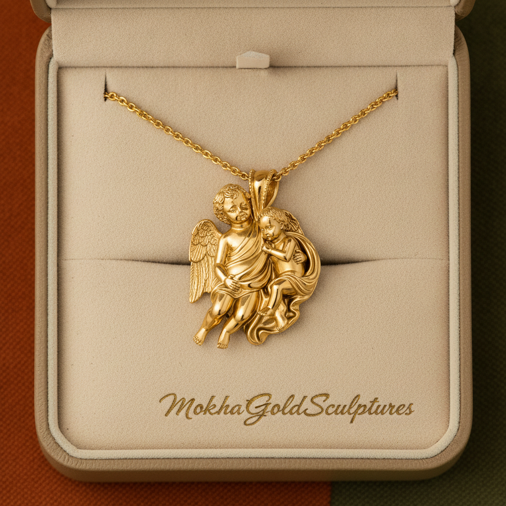 Golden Cherub Duo Pendant Necklace | Guardian Angel Jewelry | 9K Gold, Sterling Silver & Yellow Brass | Handmade Religious Gift