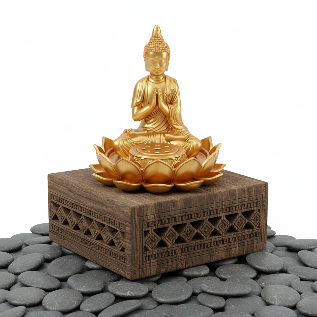 The Lotus Buddha Incense Holder in matte PLA by MokshaGoldSculptures, displayed on smooth black pebbles.