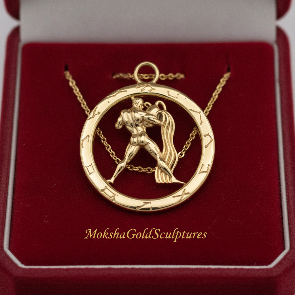 Aquarius Zodiac Pendant Necklace in 9K gold by MokshaGoldSculptures, shown on a red velvet box.