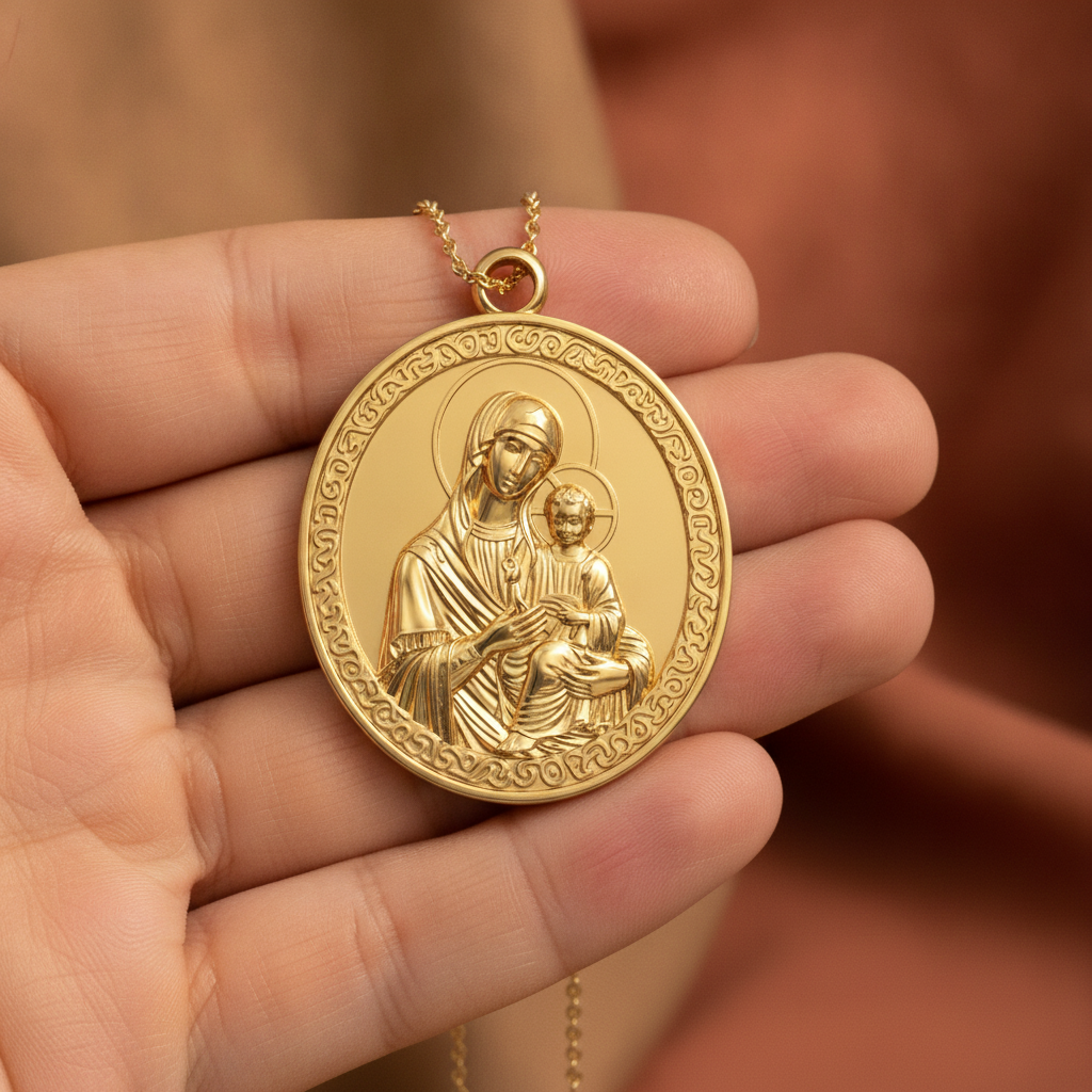 Virgin Mary & Child Coin Pendant Necklace | Blessed Mother Medallion | Christian Jewelry in 18K Gold, Sterling Silver or Yellow Brass