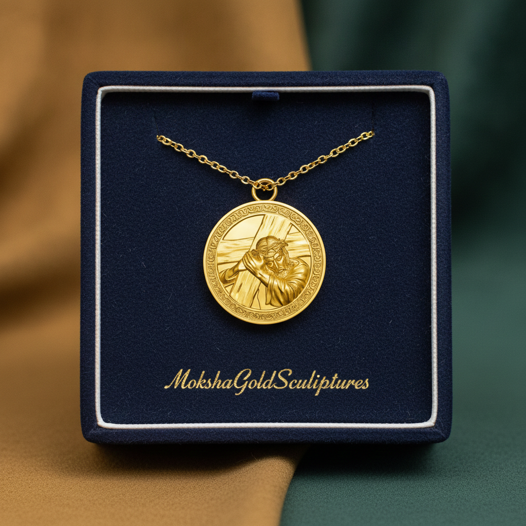 The Jesus Carrying the Cross Medallion Pendant in 9K gold, silver & brass by MokshaGoldSculptures.