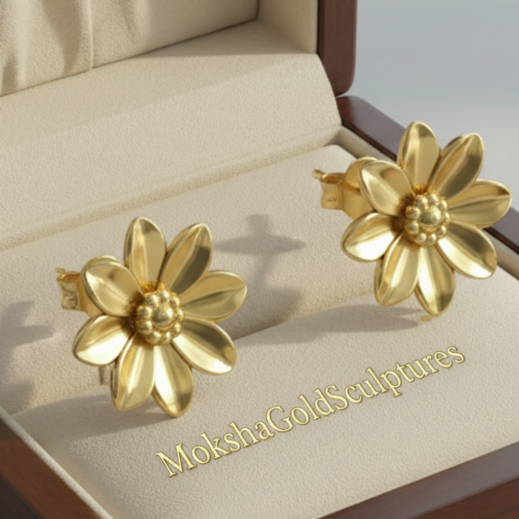 Polished Brass Flower Stud Earrings with layered petals by MokshaGoldSculptures in branded beige box.