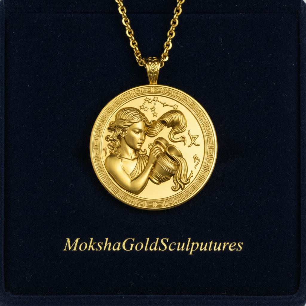 Aquarius Zodiac Pendant Necklace in polished yellow brass by MokshaGoldSculptures, engraved with woman, stars, and symbols.