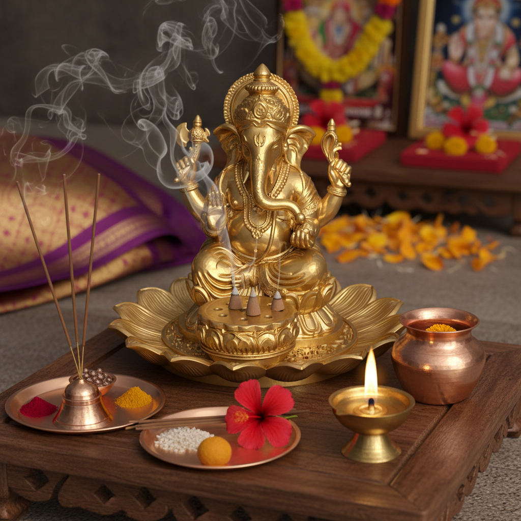 Golden Ganesh Incense Holder with Lotus Base – PLA 3D Printed Spiritual Decor – Meditation Ash Catcher – Hindu Home Temple Gift – Free Shipping