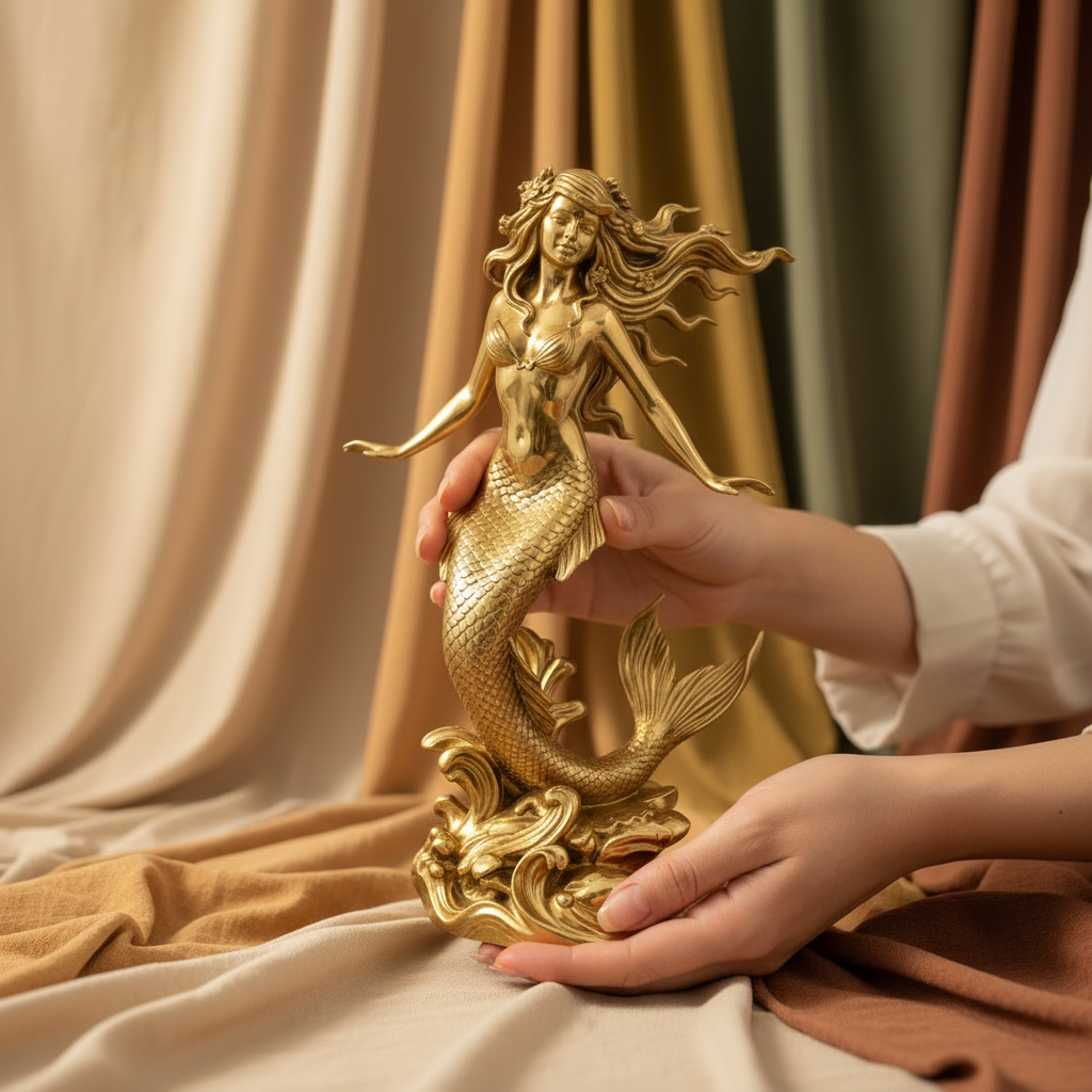 Polished Brass Mermaid Sculpture by MokshaGoldSculptures, detailed, held in hand, shown on beige and green fabric.