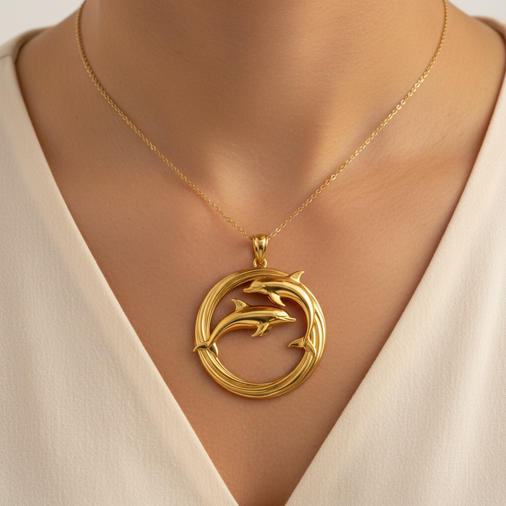 Dolphin Pendant Necklace in polished gold by MokshaGoldSculptures, worn on skin, dolphins leaping in a circle design.