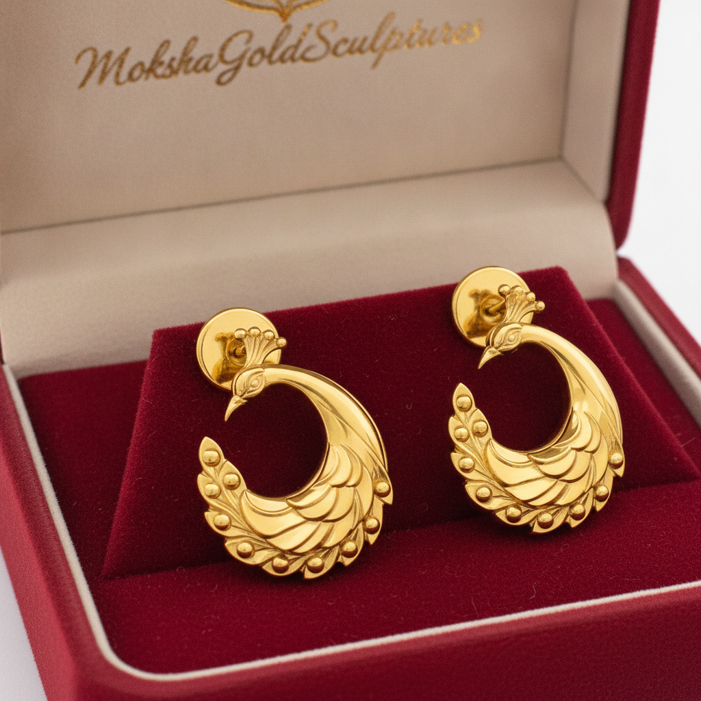 Peacock Stud Earrings – 9K Gold, Sterling Silver 925 or Polished Brass | Elegant Peacock Bird Earrings | Nature Inspired Jewellery | Handmade Gift for Her