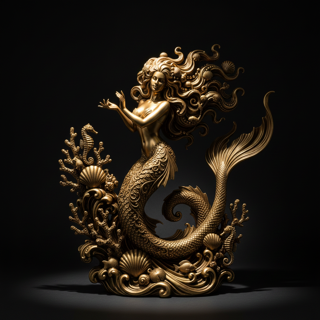 The Golden Mermaid Statue in gold finish by MokshaGoldSculptures, ornate sea-themed fantasy decor piece.