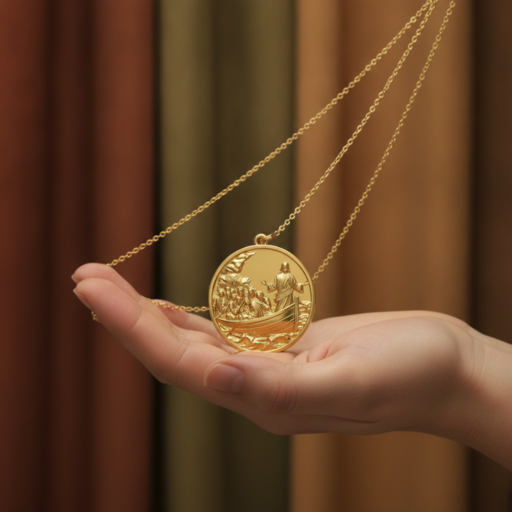 Jesus Calms the Storm Coin Pendant Necklace | 30mm Christian Medallion | 18K Gold, Sterling Silver or Yellow Brass | Religious Gift